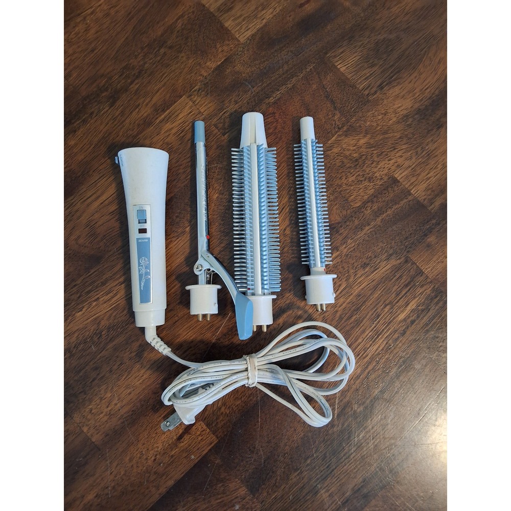 Vintage Sears 3-in-1 Hair Styling Set Curling Iron Round Brush Attachments WORKS
